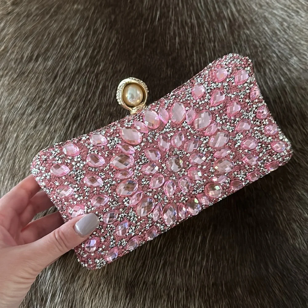 Glam Rhinestone Clutch with Pink Rhinestones - Picture 1 of 7